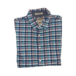 L.L.Bean Men’s L Plaid Slightly Fitted Short Sleeve Button Down Blue Red